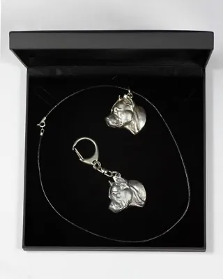 Amstaff Type 3 - Silver Plated Keyring Necklace Set With Black Box Art Dog AU • $82.60