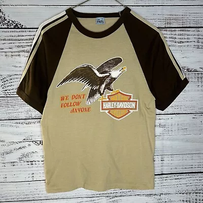 Vintage 70s Harley Davidson Motorcycles Eagle Raglan Graphic T-Shirt Adult XS • $129.99