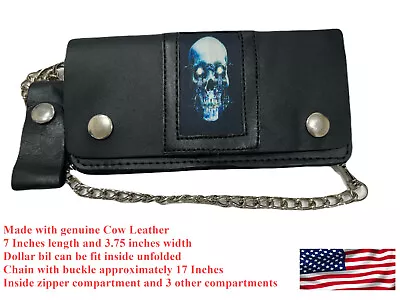 Cow Leather Blue Skull Rituals CircleMotorcycle Biker Chain Wallet Inside Zipper • $19.99