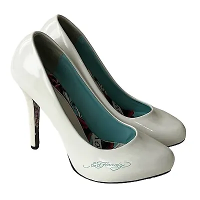 ED HARDY WOMEN'S SKY High White SHOES Stiletto HEELS PUMPS PATENT LEATHER Sz 8 • $33.28