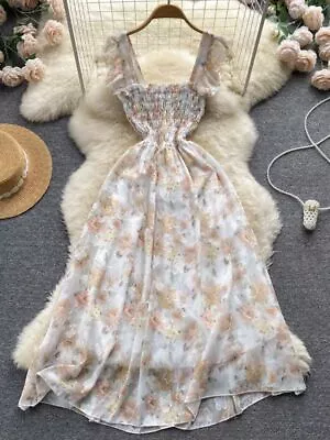 Romantic Floral Dress Sleeveless Ruffled Sundress Elegant High Waist Party Dress • $40.16