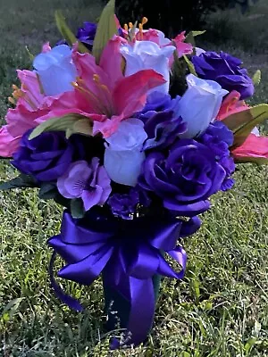 Cemetery Vase Memorial Silk Flower Arrangement White Purple & Pink • $35