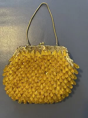 Vtg Richere Yellow Dangling Glass Beaded Evening Bag By Walborg Gold Chain • $24.99