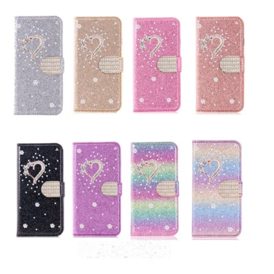 $13.94 • Buy For IPhone 13 Pro Max 12 11 7/8 Bling Glitter Diamond Heart Wallet Case Cover