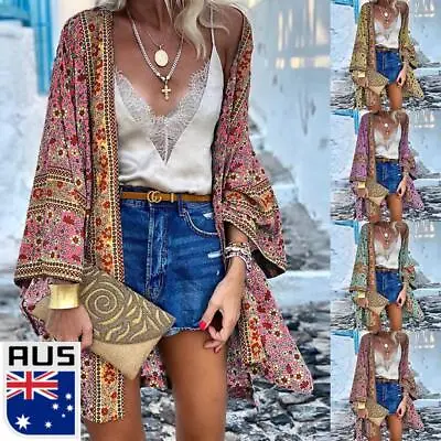 $21.79 • Buy Boho Womens Floral Cover Up Tops Cardigan Open Front Long Sleeve Kimono Beach AU