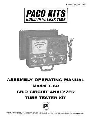 Paco T62 T-62 Tube Tester Kit Manual • $11.99