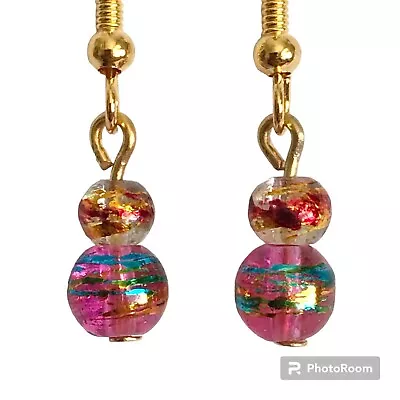 Pink Aqua Blue Murano Glass Earrings Bead Hand Painted Round Gold Plated Dangle • $9.99