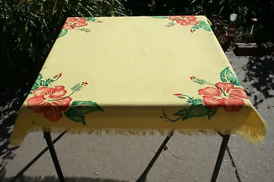 Vtg Linen Tablecloth With Fringe Yellow 37  X 39  Printed RED Flowers Retro • $25.95