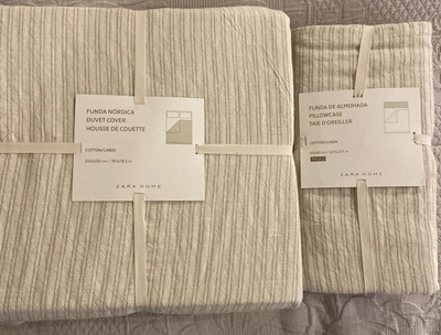 £86 • Buy Zara Home Funda Nordica Duvet Set Extra Pillow Cases Linen Stripped 200x200 New