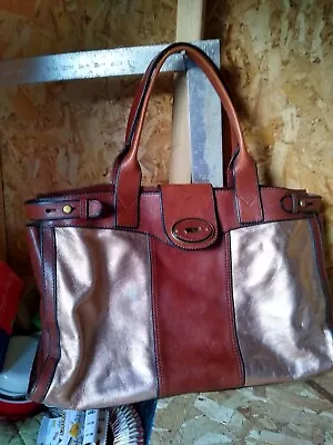 FOSSIL Metallic & Brown Hunter Leather Tote Carry-All Shoulder Bag Zip-Top • $37.44