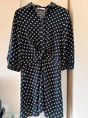 Zara Womens Polka Dot Navy Blue/Natural Short Dress Medium Knot Used Excellent • £15