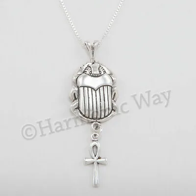 Egypt SCARAB Beetle Necklace Ankh Pendant Sterling Silver 18  Chain Egyptian 925 • $49.99