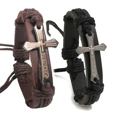 Men's Bible Cross Leather Bracelet Wristband Lord's Prayer Religious Jewelry • $9.99