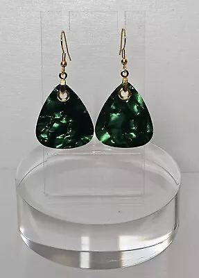 Green Dangling Guitar Pick Gold Fish Hook Fashion Earrings • $8.99