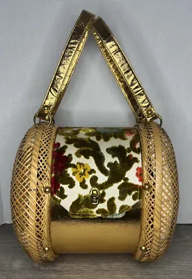 Vintage 1970s Large Round Basket Purse Handbag Floral Pattern • $44.99