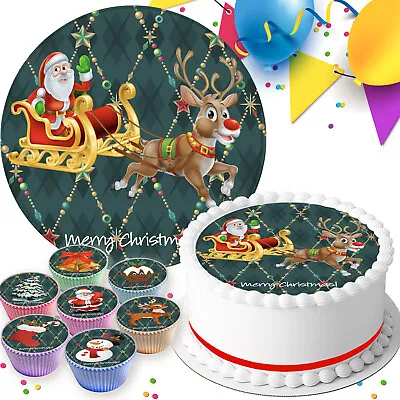 £3.39 • Buy Merry Christmas Santa & Rudolph Edible Cake Topper & Cupcake Toppers Cr025