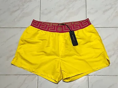 NWT Versace Mens Greca Border Swim Trunks Shorts Yellow Pink Size 5 Medium • $174.50