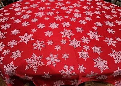 Vintage Red W/White Snowflakes Winte/Christmas Tablecloth 98X56 Cotton/Poly • $11.50