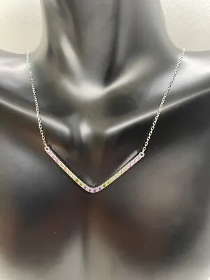 $39.98 • Buy V - Shape Rainbow Multi Color Necklace 925 Sterling Silver