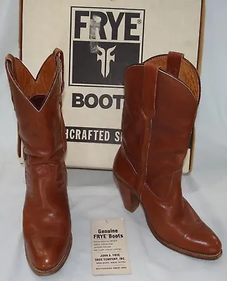 FRYE Black Label Ladies Brown Leather Western Cowboy Stack Heel Boots #7895 Sz 8 • $74.99