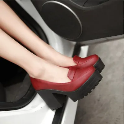 Womens High Chunky Heels Slip On Oxfords Platforms Pumps Party Shoes Punk 34-46 • $75.86