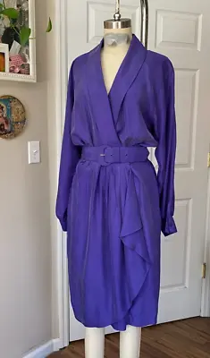 VINTAGE 1990s Pat Argenti INDIGO Brushed Silk Pleat Belted Wrap Dress *SIZE 6* • $28