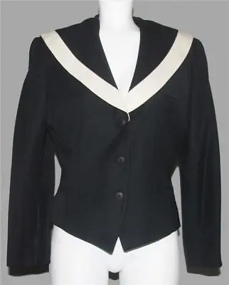 IN-WEAR Black Off-White Sailor Collar Rayon Blend Lined Blazer Wms EU M / US M/L • £36.63