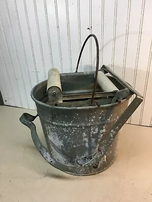 Vtg  Working Wringer Mop Pail Galvanized Bucket W Wooden Rollers Wheeling? • $85.50
