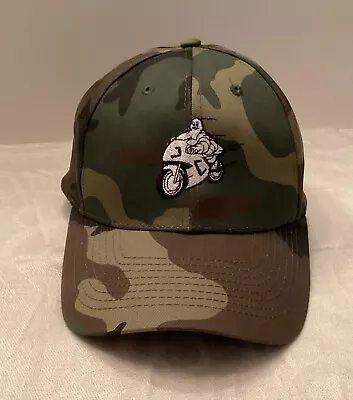 Michelin Man On Motorbike Embroidered Onto Camo Color Snapback Baseball Cap • $9.99