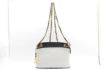 CHANEL Matelasse Chian Shoulder Bag Lambskin Black White Vintage Authentic • $1080