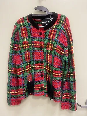 VTG Michael Simon L Multicolor  Sweater Jacket  Christmas Squares Tassels 2002 • $75