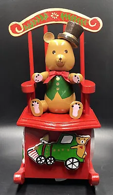 Teddy Bear Musical Rocking Chair  Jingle Bells  Wooden Music Box 9  WORKS • $18