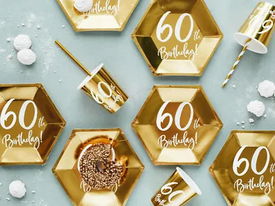 60th Birthday Age 60 Gold Cake Party Paper Plates Tableware Decoration X 6 • £4.45