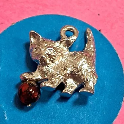 Sterling Silver Vintage Bracelet Charm      M70  Cat With Ball • $5