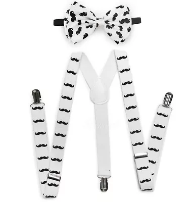 White Mustache Suspender + Clip On Bow-Tie Matching Set For Adults Men Women  • $9.99