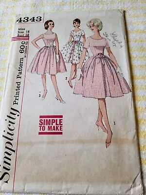 Vtg 1960's Simplicity 4343 INVERTED-PLEAT DRESS  Sewing Pattern Large Sz 18 B 38 • $10.99