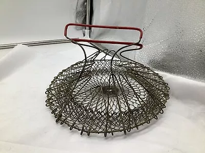 Vintage Red Handled Wire Mesh Egg Basket Folds Flat 9 1/2” Round • $9.99