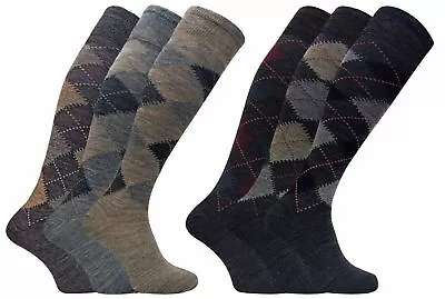 Mens Extra Long Knee High Warm Argyle Lambs Wool Socks In Brown Or Grey UK 6-11 • $13.66