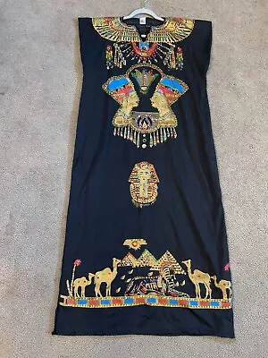 Vintage Beaded Sequins Egyptian Kaftan Dress Black Gold Maxi L-XL • $29.99