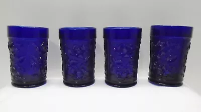 4 Vintage Cobalt Blue Carnival Glass Tumbler Water Glasses Flower Pattern • $19.07