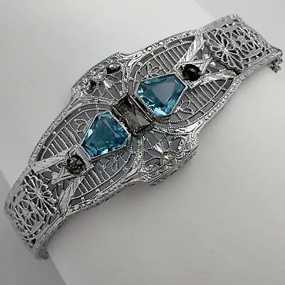 Antique Art Deco Rhodium Plate Filigree Aqua Crystal Rhinestone Bangle Bracelet • $42