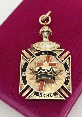 $1295 • Buy VTG 14k Yellow Gold In Hoc Signo Vinces Masonic Knights Templar Enamel Pendant