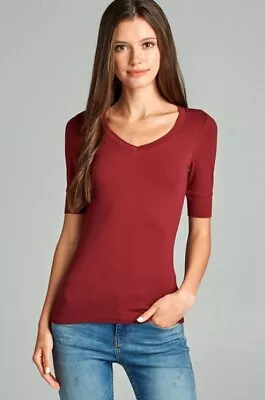 Women Basic V-NECK Elbow SHORT Sleeve T Shirt Top Cotton Stretch REG N PLUS S-3X • $4.99