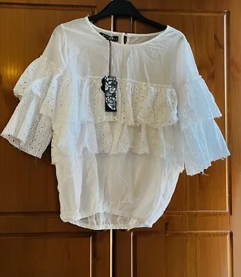 BNWT Layers Paris White Cotton Broderie Raw Hem Frill Blouson Top UK12 • £7.99