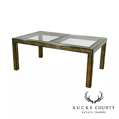 Bernard Rohne Mastercraft Acid Etched Brass Glass Top Expandable Dining Table • $4995