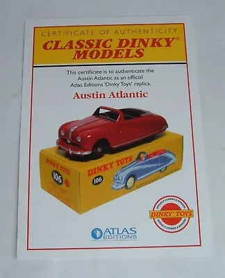 £5 • Buy Atlas  Dinky Toys 106, Austin Atlantic, - Certificate Of Authenticity, Mint