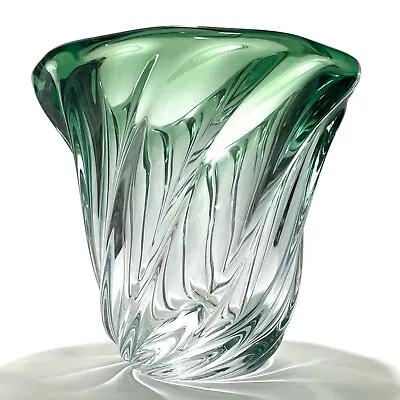 Vintage 1950s Signed Val Saint-Lambert Sommerso Blown Crystal Vase Swirl Emerald • $199.60