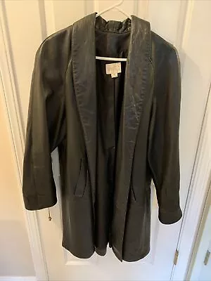 Vakko Vintage 39  Long Black Leather Coat Jacket Women's Size M - Made In USA • $19.99