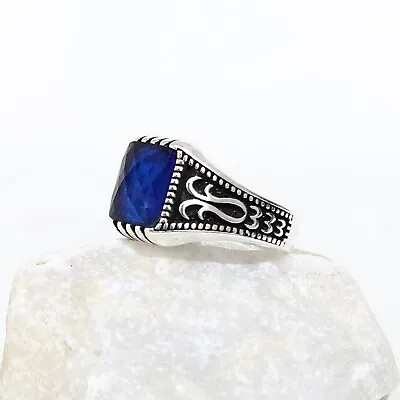 925 Sterling Silver Handmade Men's Ring With Square Shaped Blue Sapphire Stone • $53