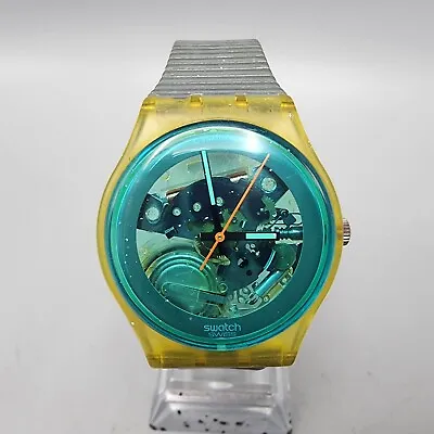 Swatch Turquoise Bay Watch Men Yellow Case Blue Dial Skeleton 34mm New Battery • $119.99